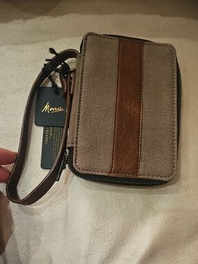 Mona B Tan Canvas & Brown Leather Wristlet Clutch